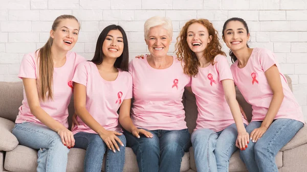 Ladies In Pink Awareness T-Shirts Abraçando Sorrindo Sentado Interior, Panorama — Fotografia de Stock