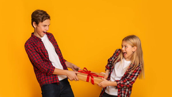 Little brother and sister fighting for gift, pulling present box