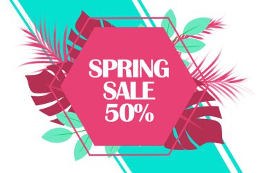 Moda arka planında yaprakları olan bahar indirimi metni