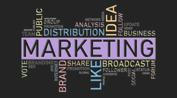 Marketing Wordcloud Colagem de palavras coloridas sobre fundo preto, Panorama — Fotografia de Stock