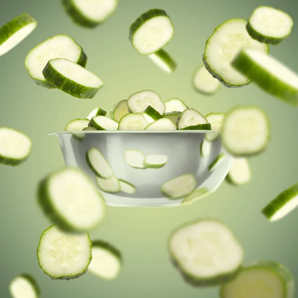 Vliegende komkommers over groene achtergrond, gezond eten — Stockfoto