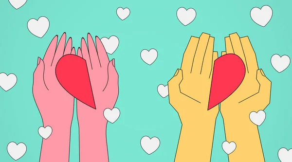 Female And Male Hands Offering Halves Of Heart, Turquoise Background