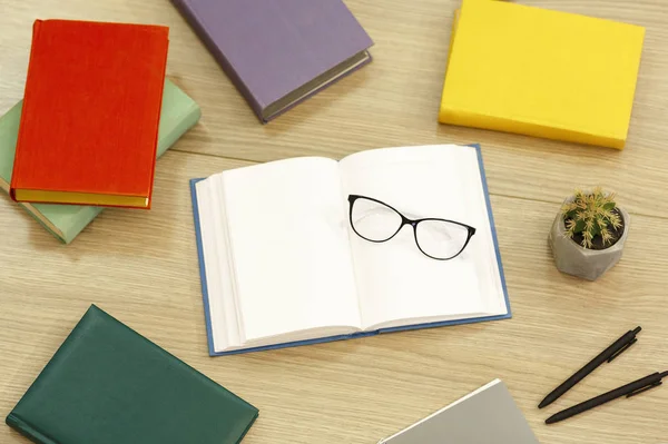 Libro abierto de cerca con gafas y cactus — Foto de Stock