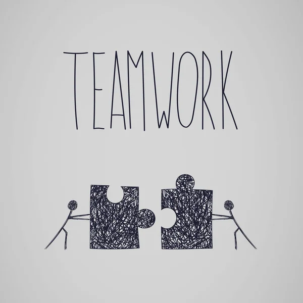 Arbeiter bauen Puzzle unter Teamwork-Inschrift — Stockfoto