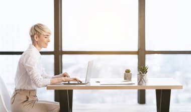 İş kadını laptopta çalışıyor Modern Ofiste oturuyor, Yan Görünüm