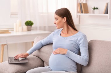 Gülümseyen Bekleyen Kadın Dizüstü bilgisayar kullanıyor Evdeki koltukta oturuyor