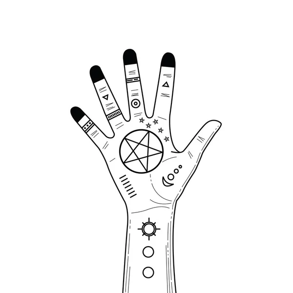 Hand drawing palm illustration with spiritual symbols