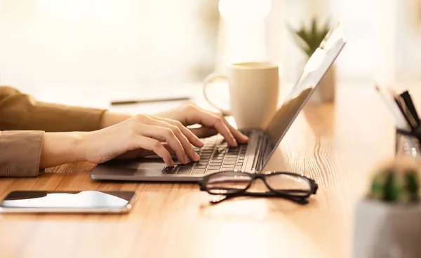 Mulher usando seu computador pessoal na cafetaria — Fotografia de Stock