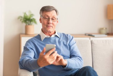 Mutlu kıdemli adam akıllı telefon kullanıyor. Evde koltukta oturuyor.