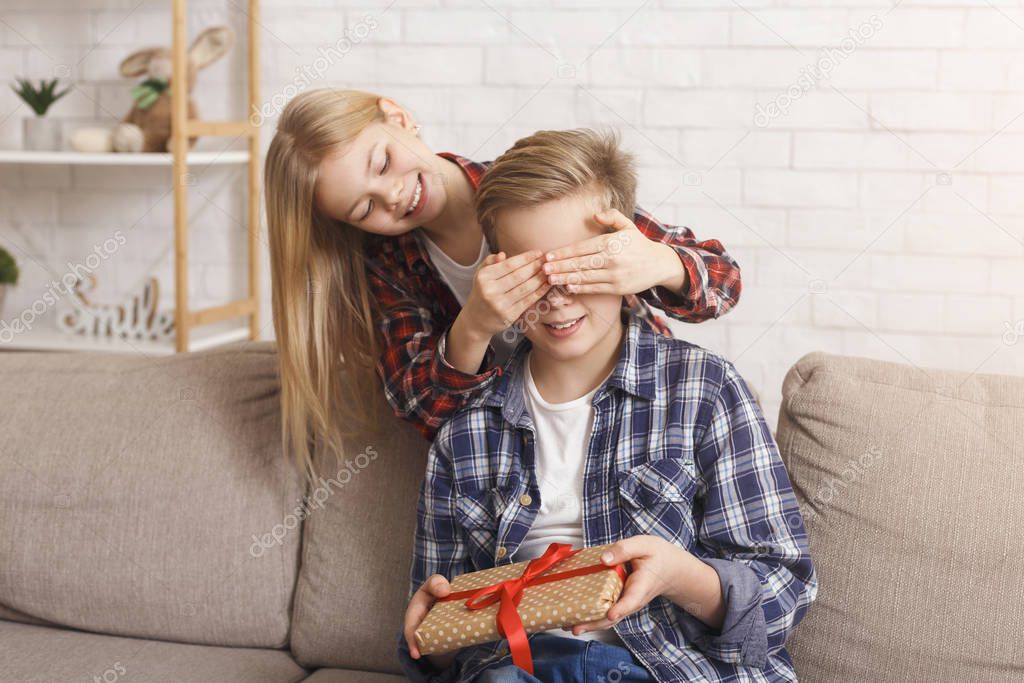 Sister Covering Brothers Eyes Giving Birthday Gift Sitting At Home