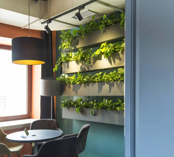 Eco interior, tables and chairs in a youth cafe