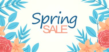 Spring sale text with leaves and flowers white background