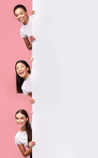 Trzy dziewczyny zerkające z pustej planszy pozowanie, różowe tło — Zdjęcie stockowe
