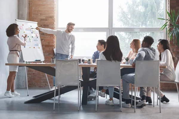 Side view of man and woman making presentation in office — Stock Photo, Image