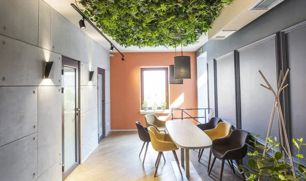 Cozy corner in empty cafe or coffee shop with green plants ceiling