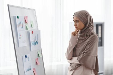 Ofis kurulundaki grafikleri ve çizelgeleri analiz eden düşünceli Müslüman iş kadını.