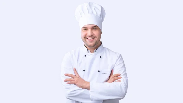 Smiling Chef Man Standing Crossing Hands În Studio, Panorama — Fotografie, imagine de stoc