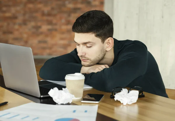 Tired Office Guy Sleeping Sitting At Workplace Indoor