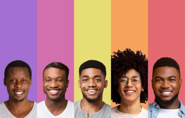 Renkli geçmişleri olan afro yakışıklı erkekler kolajı.