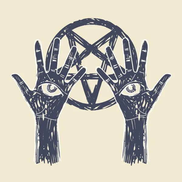 Due mani con occhio allseeing su palme con pentagramma — Foto Stock