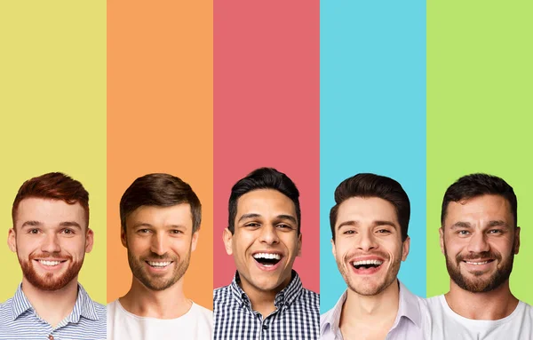 Σύνθετη εικόνα των νέων χαμογελαστοί τύποι πάνω από διαφορετικά υπόβαθρα — Φωτογραφία Αρχείου