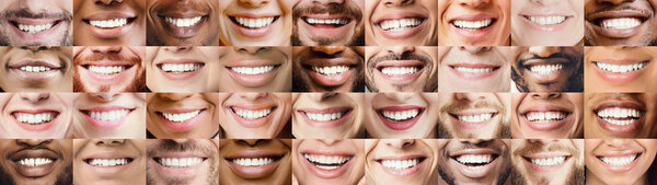Panoramic collage of multiethnic people white smiles