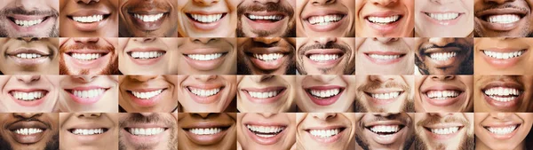 Panoramic collage of multiethnic people white smiles — Stock Photo, Image