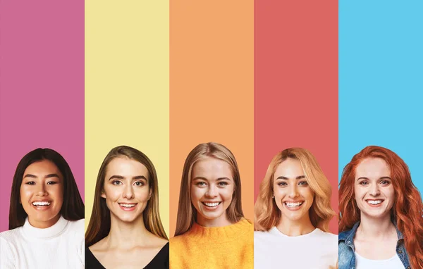 Fröhliche multirassische Mädchen, die über bunte Hintergründe lächeln, Collage — Stockfoto