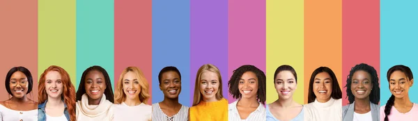 Collage arco iris de chicas jóvenes sonrientes multirraciales — Foto de Stock