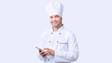 Chef Man Using Smartphone Standing Over White Background, Panorama