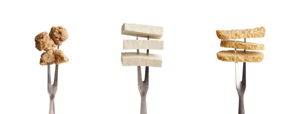 Sójové maso, sójový sýr Tofu a Tempeh na vidličkách — Stock fotografie