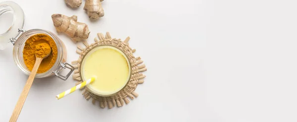 Healthy ingredients for making turmeric milk drink — Stockfoto