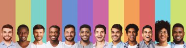 Panoramic collage of young guys smiling over colorful backgrounds