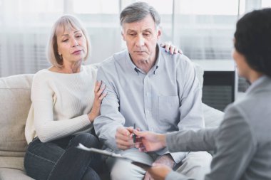 Aged couple consulting with adviser at office