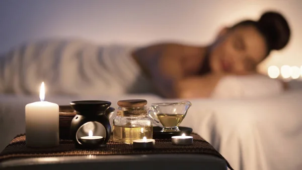 Aroma massage concept. Lady relaxing in spa, panorama — 图库照片