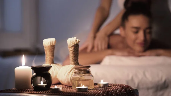 Thai massage. Woman receiving back massage in spa — 스톡 사진