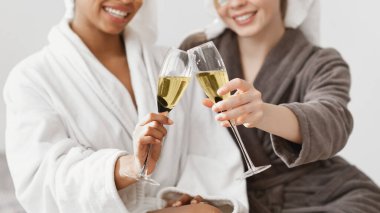 Cropped of two multiethnic ladies cheering with glasses of champagne