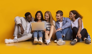 Carefree teenagers sitting on floor and using laptop