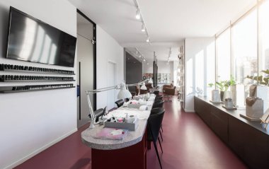 Pink and white style Interior of modern manicure salon
