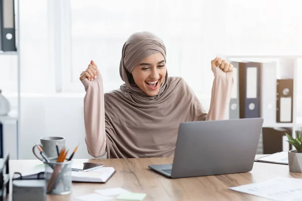 Happy muslim female office employee looking at laptop screen, celebrating success — ストック写真