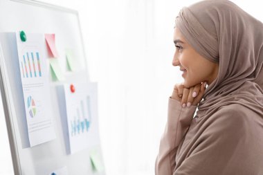 Smiling arabic businesswoman looking at graphs and charts on office board