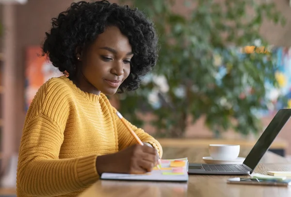 Motivato afro donna in cerca di nuovo lavoro online — Foto Stock