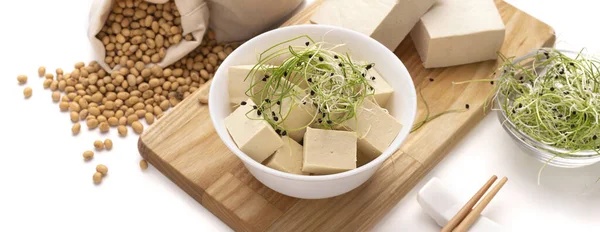 Organic Soy Tofu, Microgreens on a wooden board — Stockfoto