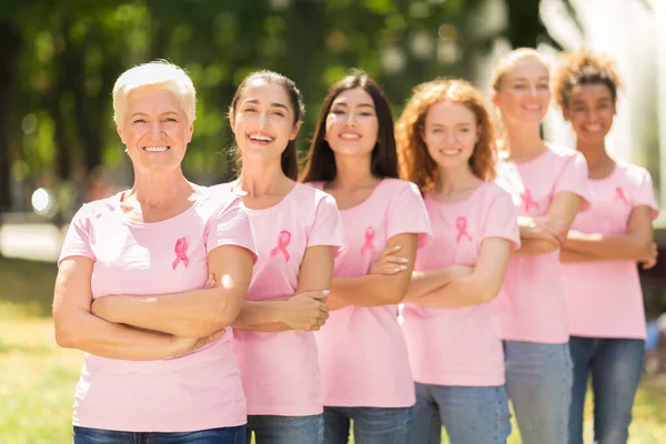 Mujeres en camisetas con cintas rosas de pie en línea al aire libre — Foto de Stock