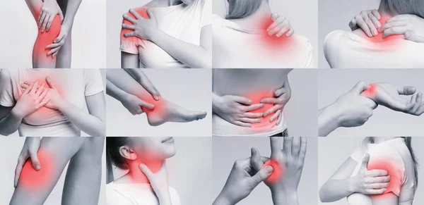 Healthcare concept. Collage with woman suffering from pain in different parts of body — Stockfoto