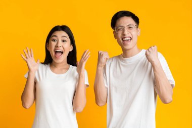 Emotional asian couple expressing happiness, yellow background