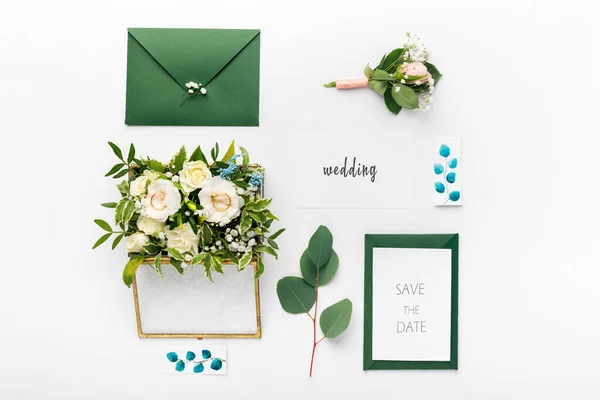 Hochzeit speichern Sie das Datum Postkarte für Speicher auf weißem Hintergrund — Stockfoto