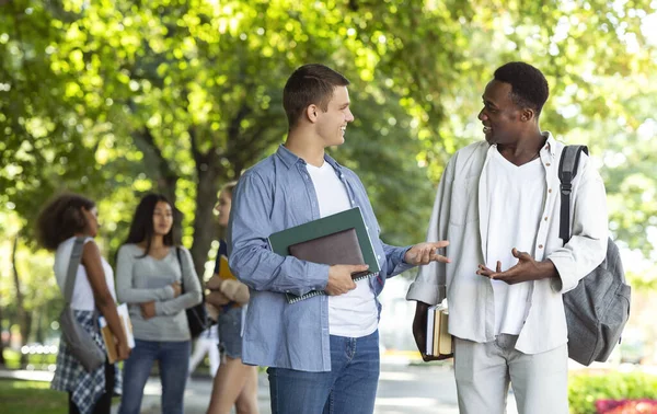 Two international students having conversation at park