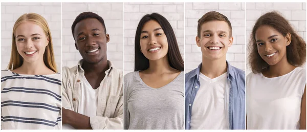 Zusammengesetztes Bild von multirassischen Teenagern Fotos über weißer Ziegelwand — Stockfoto