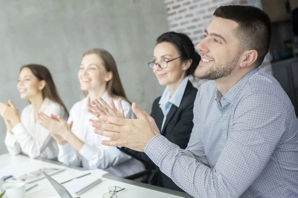 Professional education. Happy business listeners clapping hands — Stock Photo, Image